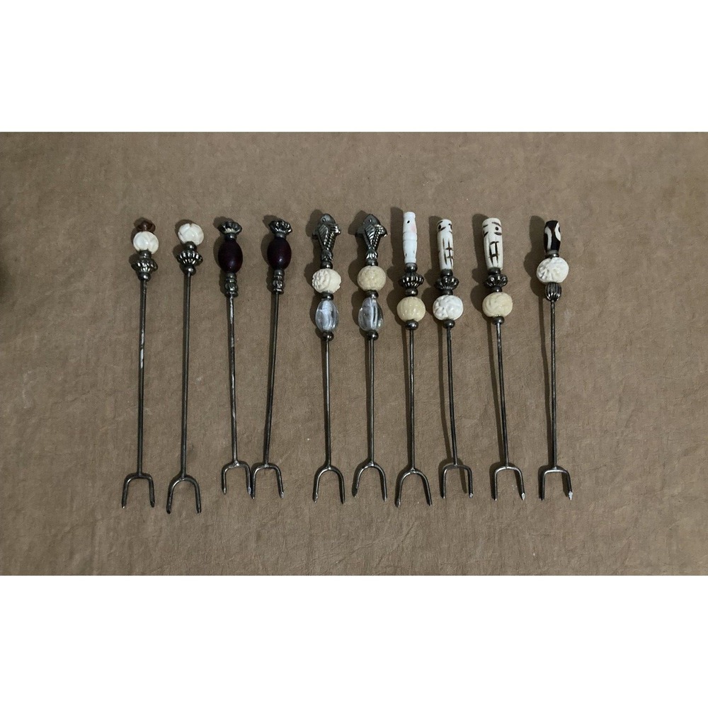 Vtg MCM 2-tine Sword Hors D'oeuvre Appetizer Cocktail Forks Picks Set Of 10